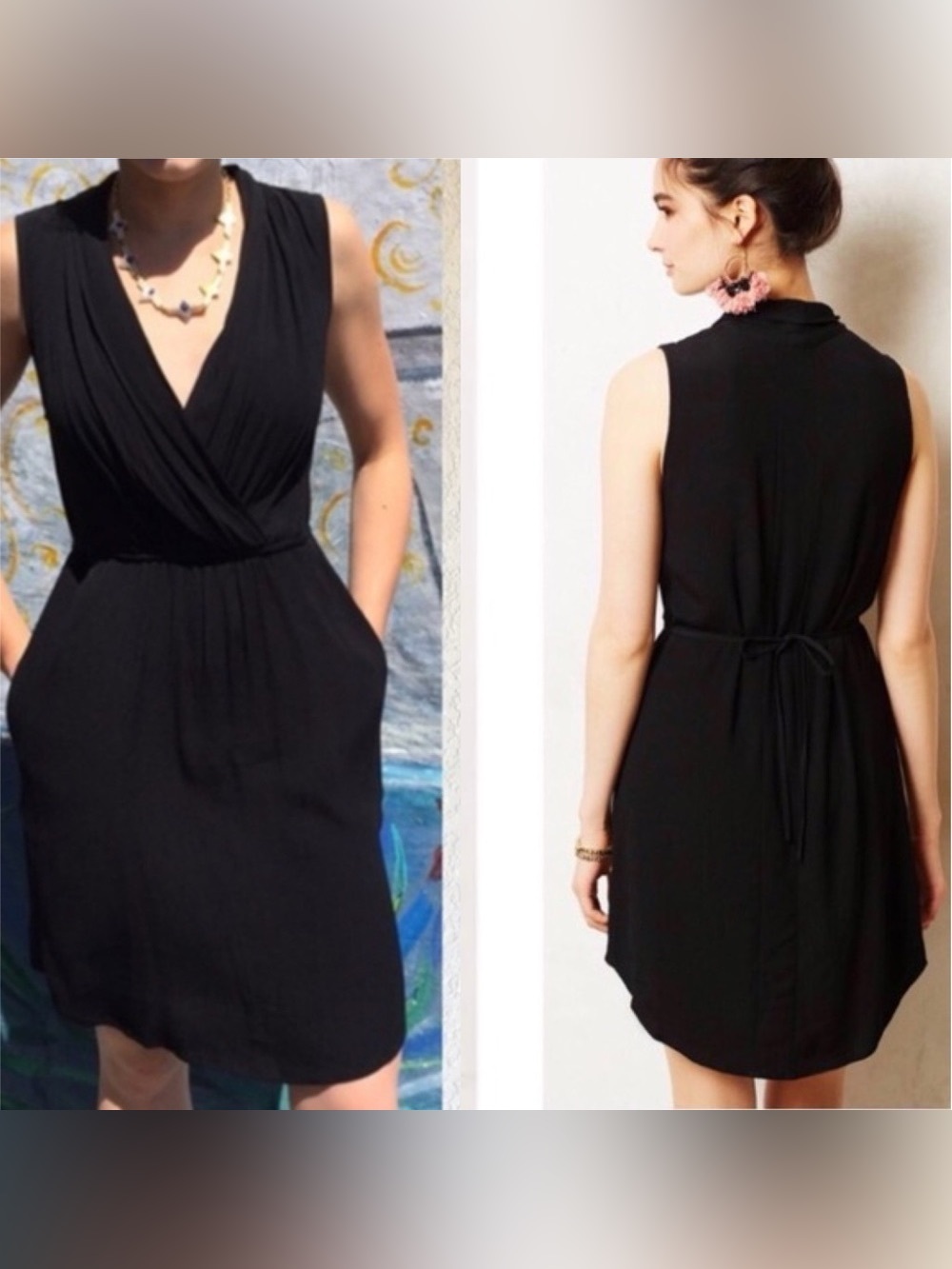 Anthropologie Maeve Liban Black Shawl Wrap Tie-Waist Mini Dress Size S Essential
